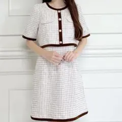 ミーア　配色ツイードワンピース　半袖　ホワイト