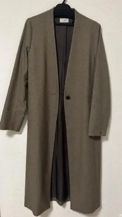 【美品】IÉNAイエナ ブラウン チェック ロングコート ノーカラー サイズ36