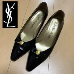 美品❣️YSL サンローラン リボンロゴ パンプス 黒 エナメル×レザーのサムネイル