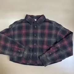 GU チェック柄 クロップドシャツ 長袖 こげ茶/オレンジ