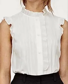 美品［H&M］フリル付きストライプ ノースリーブブラウス　アイボリー　38（M）
