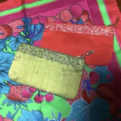 ジムトンプソン タイシルクスカーフ&ビーズ刺繍ポーチ２色　セット