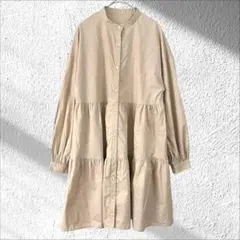 ジーユー 長袖 ノーカラー シャツ ティアード ワンピース ロング丈 綿混