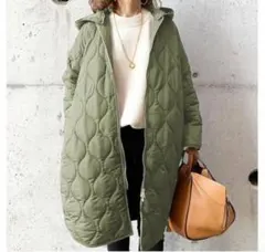 キルティングコート カーキ グリーン ジッパー ジャケット ロングコート