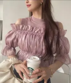 オフショルダー オーガンジー フリル ドッキング ニット