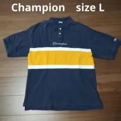 古着 Champion 半袖ポロシャツ ブロックカラー ネイビー Lサイズ