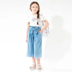 メゾピアノ　130 リボン付き ライトブルー　デニム風ガウチョ