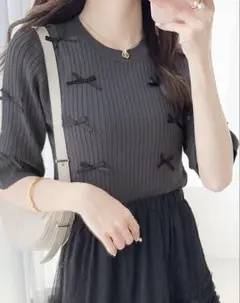 mily biletリボン使いリブ編みサマーニット S チャコールグレー