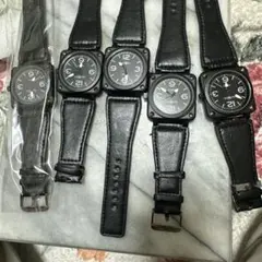 5本セット スクエア型 ブラックレザーバンド時計