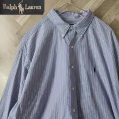 90s　ビンテージ ラルフローレン　紫 ストライプ 長袖 ボタンダウンシャツ