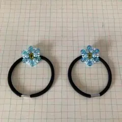 ハンドメイド　ヘアゴム　花　パール　青系