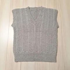 ハンドメイド ニットベスト Vネック グレー 手編み