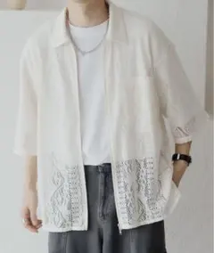 【美品　epnok Lサイズ】レース編み 半袖シャツ ジッパー付きのサムネイル
