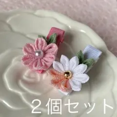 つまみ細工　小花のベビーヘアクリップ　２個セット　ピンク系　A3
