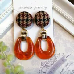 チェック柄オレンジフープピアス/イヤリング(ハンドメイド)