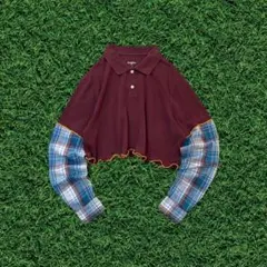 【リメイク古着】再構築USAポロシャツ×チェックシャツ袖メローフリルレディース