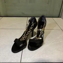 DIANA ブラック サンダル 高ヒール ゴールドチェーン