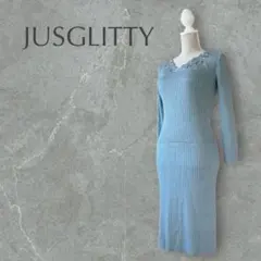【ジャスグリッティー】2 M　くすみブルー　ニットワンピース　長袖　胸元デザイン