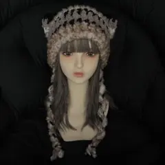【ゲリラオークションstart】100ハンドメイド　猫耳ニット帽　紐付き　小熊風