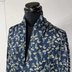 着物 袷 広衿 花柄 ネイビーブルー ホワイト クリーム オレンジ