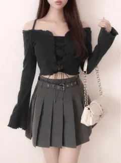 最終値引き！！GRL レースアップオフショルテレコリブトップス