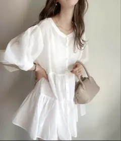 【新品】バルーンスリーブティアードシアーシャツ オフホワイト