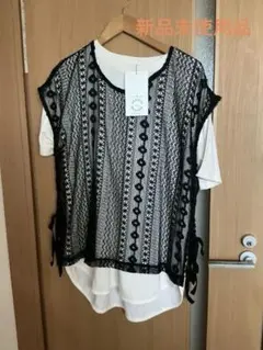 しまむら　タグ付き　黒のレースデザイン 半袖トップス 2点セット