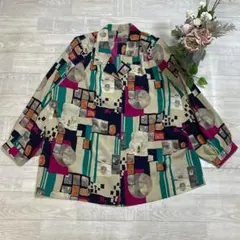 日本製　昭和レトロ　ヴィンテージ　総柄　大人ミセス　開襟ブラウス長袖　肩パット