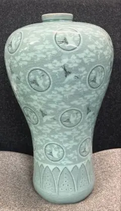 高麗青磁 趙京 梅瓶 象嵌 雲鶴文 一光 韓国 37cm 花瓶 美品 伝統工芸