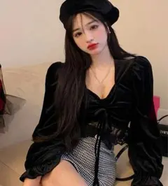 無地柄 ドローストリングフロント レースヘム ブラウス