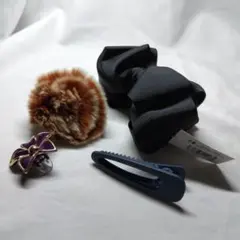 ファー付きヘアゴム、リボンバナナクリップ、フラワーピン 4点セット