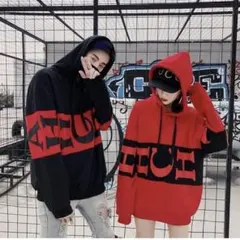 y2k 赤いフード付きパーカー 大きなロゴデザイン