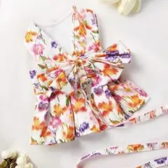 【セール】リード付 ボタニカル 花柄 ハーネス ワンピース リボン ドレス