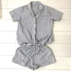 シャツ&ショートパンツ セットアップ 部屋着　ストライプで細見え効果を期待！　L