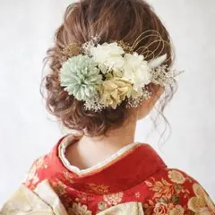 ドライフラワー髪飾り 緑ヘア飾り 成人式 結婚式 和装 振袖 卒業式袴 水引き