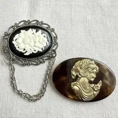 vintage ／ブローチセット チェーン付きカメオ風 ＆ べっ甲調 金細工