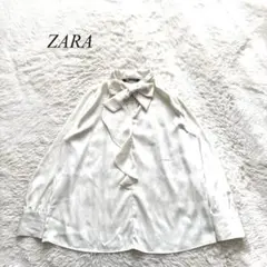 K5【ザラ】ボウタイフリルブラウス　長袖　アイボリー　M 無地　とろみ　上品