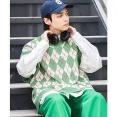 WEGO 아가일 루즈 니트 베스트 한국 패션 (M) 남녀공용