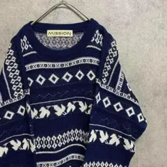 90S vintage 総柄ニット　フランス製　メンズ　S 　古着　個性派A3