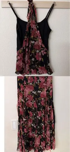 社交ダンス　上下セット　黒とピンクの花柄フレアスカート　Lサイズ