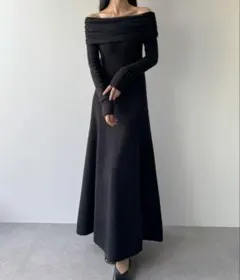 Louere チュールオフショルフレアニットワンピース