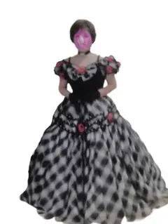 パーティードレス 黒 グレー チェック 花飾り