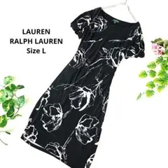 ローレンラルフローレン 花柄 バルーンスリーブ ロングワンピース 半袖 黒 L