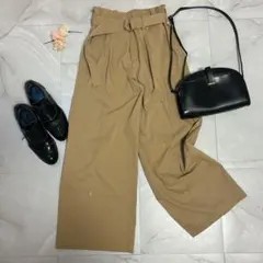 【スローブイエナ】ベージュ ワイドパンツ 36 S〜Mリボンベルト ウエスト紐