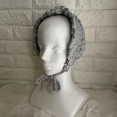 ライトグレー　バブーシュカ　ヘアバンド　かぎ編み　ハンドメイド　イヤーマフ