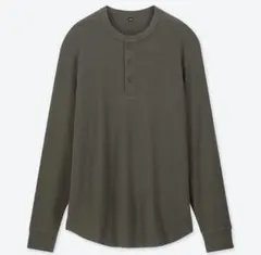 ユニクロ オリーブ ワッフルヘンリーネック 長袖Tシャツ