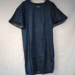 デニム Vネック 半袖 ひざ丈ワンピース　M