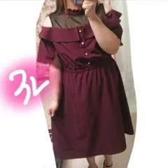 大人ボルドー　ひざ丈　肩出しワンピース　３L　大きなサイズ