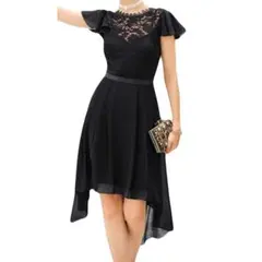 ブラック アシンメトリー　ドレス パーティードレス エレガント　ドレス L