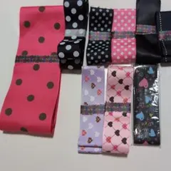 グログランリボンまとめ売り　３８ミリ〜90ミリ9本セット　ドット、ハート柄など